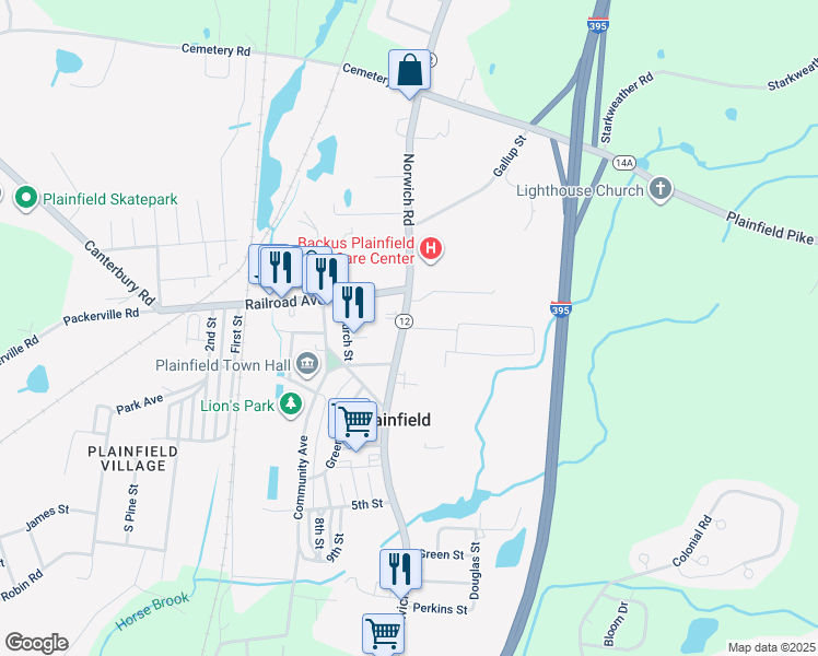 map of restaurants, bars, coffee shops, grocery stores, and more near 612 Norwich Road in Plainfield