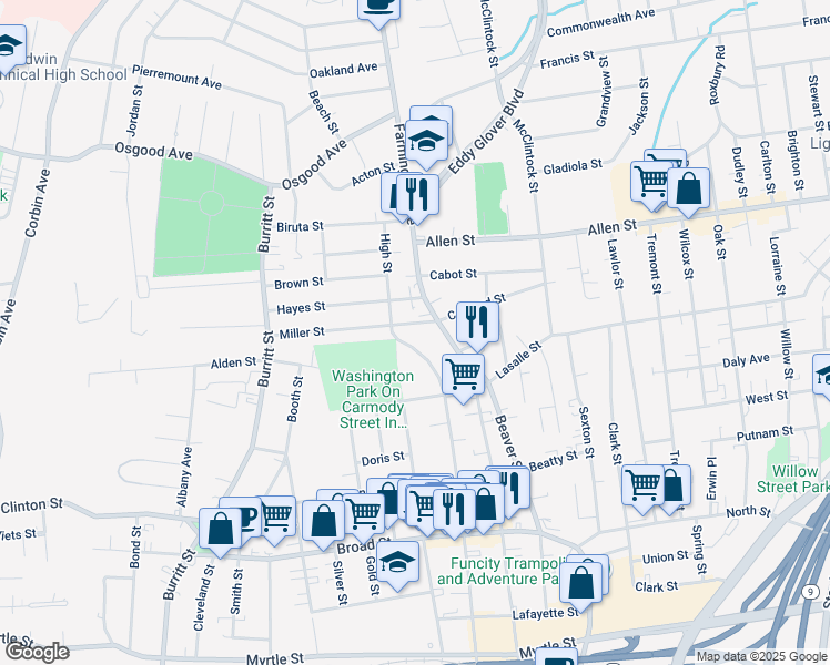 map of restaurants, bars, coffee shops, grocery stores, and more near 411 High Street in New Britain