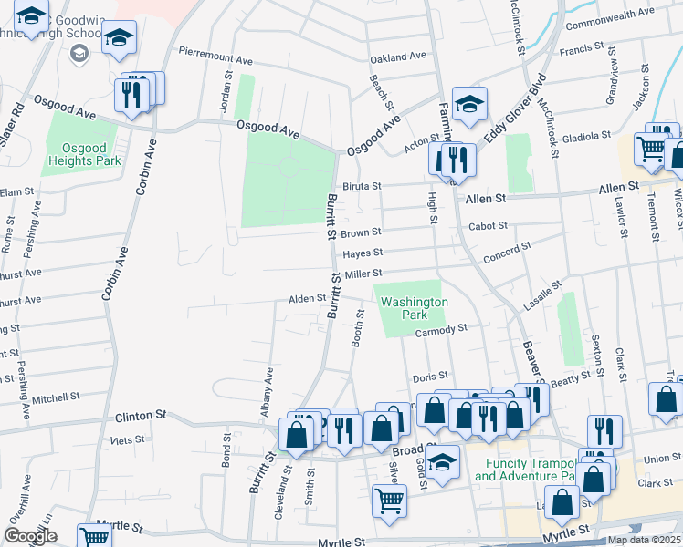 map of restaurants, bars, coffee shops, grocery stores, and more near in New Britain