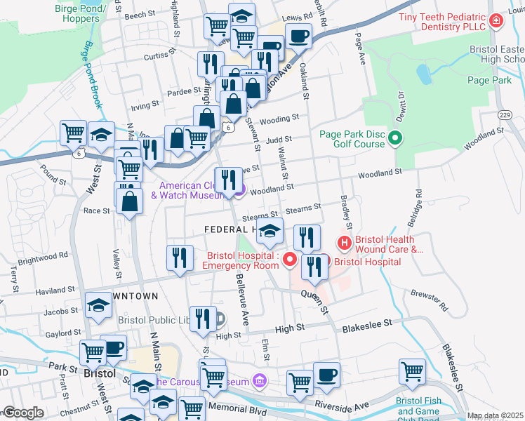 map of restaurants, bars, coffee shops, grocery stores, and more near 55 Stearns Street in Bristol