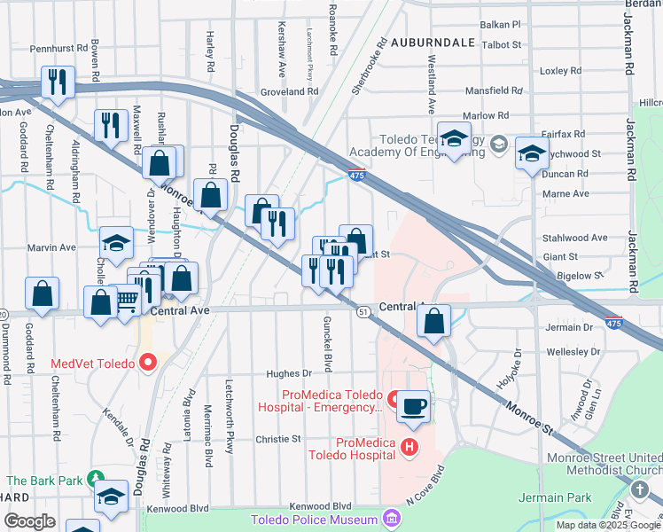 map of restaurants, bars, coffee shops, grocery stores, and more near 3156 Algonquin Parkway in Toledo