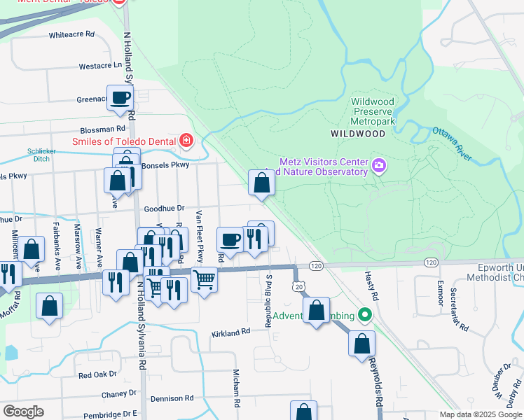 map of restaurants, bars, coffee shops, grocery stores, and more near 5615 Goodhue Dr in Toledo