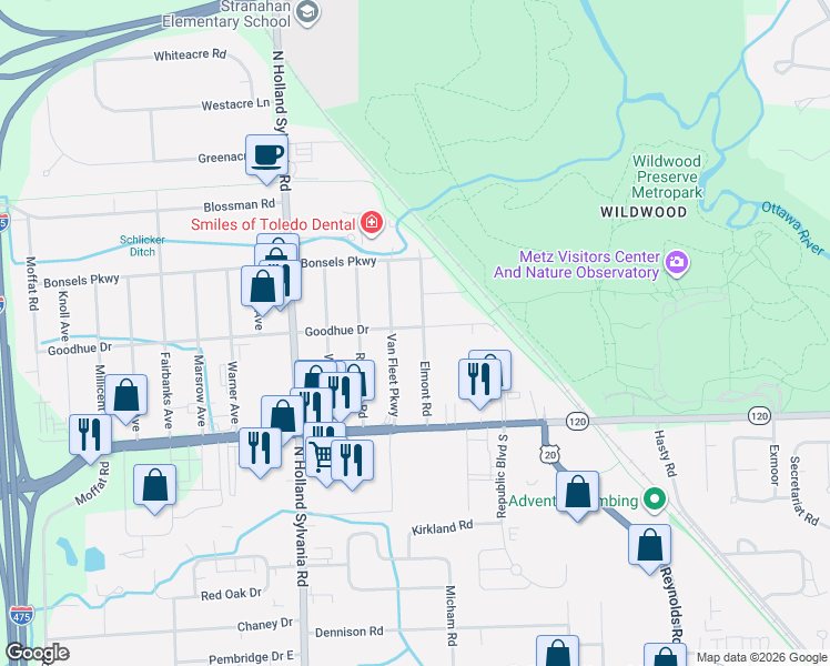 map of restaurants, bars, coffee shops, grocery stores, and more near 3238 Van Fleet Parkway in Toledo