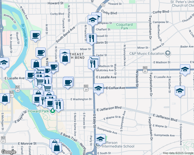 map of restaurants, bars, coffee shops, grocery stores, and more near 232 Indiana 23 in South Bend