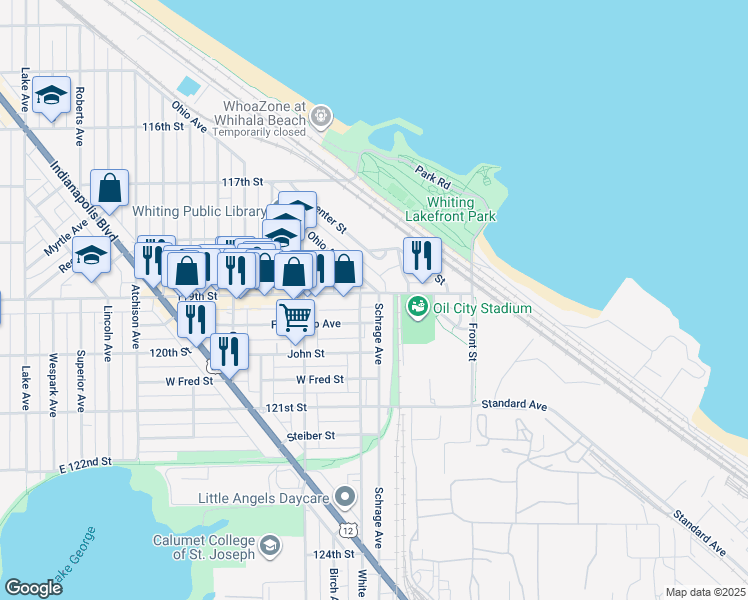 map of restaurants, bars, coffee shops, grocery stores, and more near 1600 White Oak Avenue in Whiting
