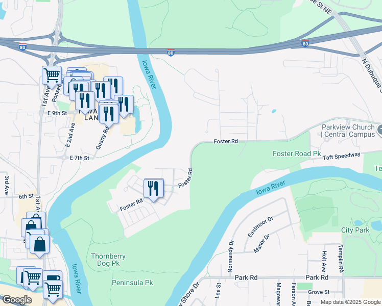 map of restaurants, bars, coffee shops, grocery stores, and more near in Iowa City