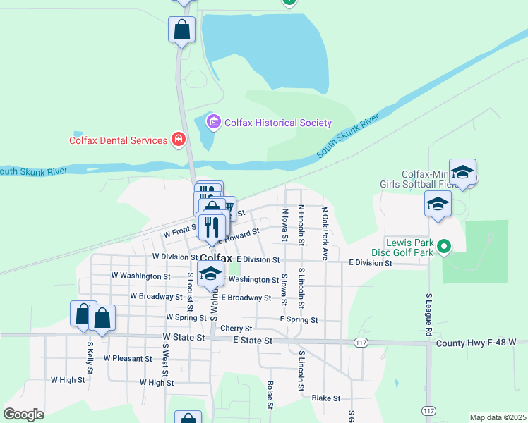 map of restaurants, bars, coffee shops, grocery stores, and more near 237 East Front Street in Colfax