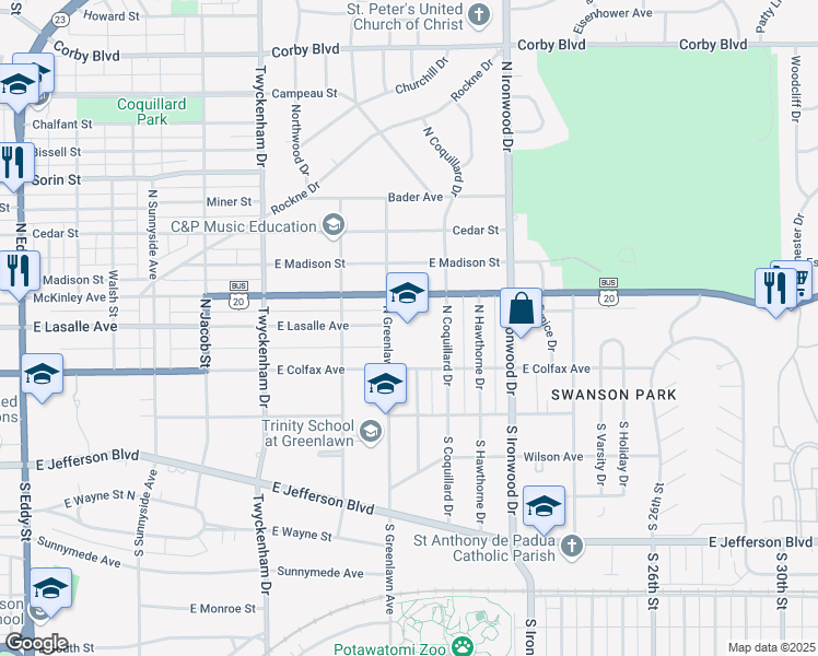 map of restaurants, bars, coffee shops, grocery stores, and more near 228 North Greenlawn Avenue in South Bend