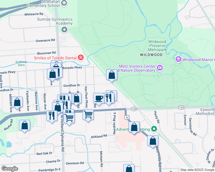 map of restaurants, bars, coffee shops, grocery stores, and more near 5615 Goodhue Drive in Toledo