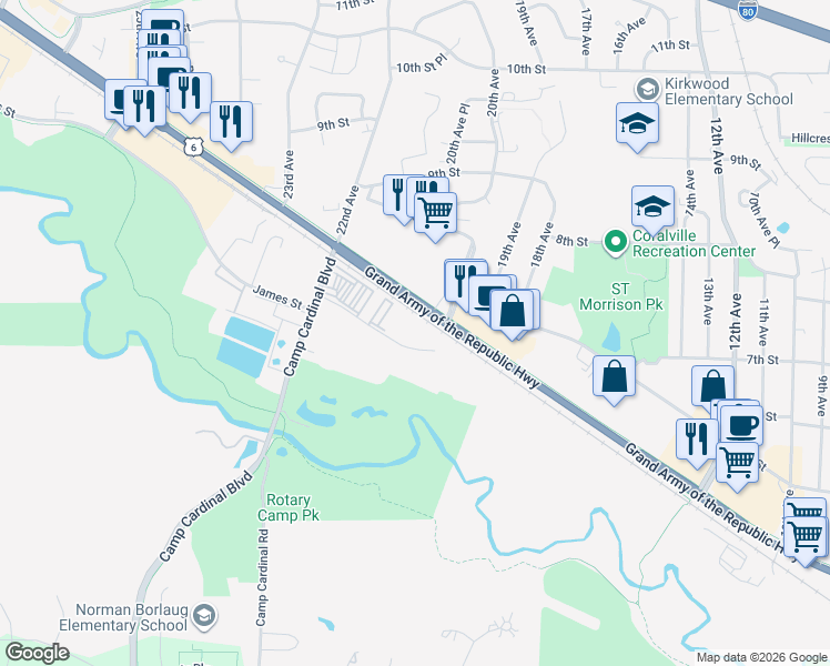 map of restaurants, bars, coffee shops, grocery stores, and more near 2005 James Street in Coralville