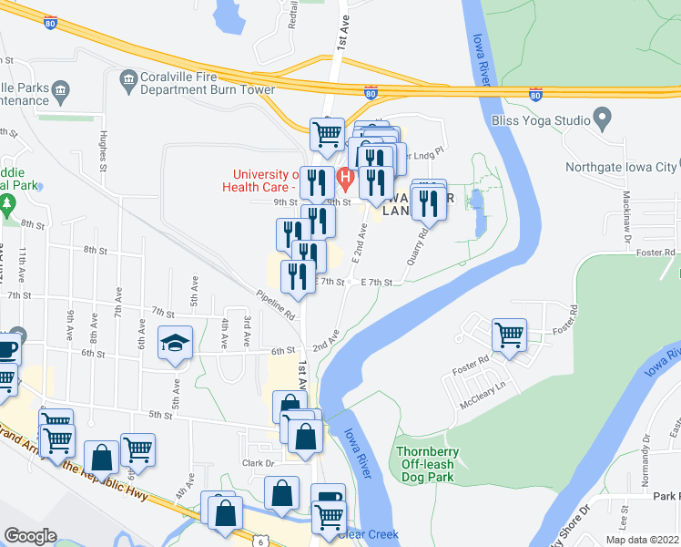 map of restaurants, bars, coffee shops, grocery stores, and more near 702 East 2nd Avenue in Coralville