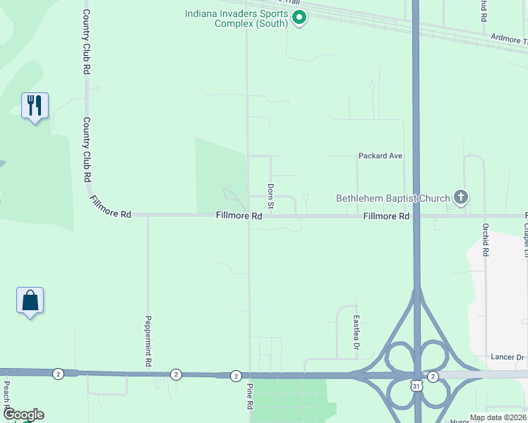 map of restaurants, bars, coffee shops, grocery stores, and more near 24965-24999 Fillmore Road in South Bend