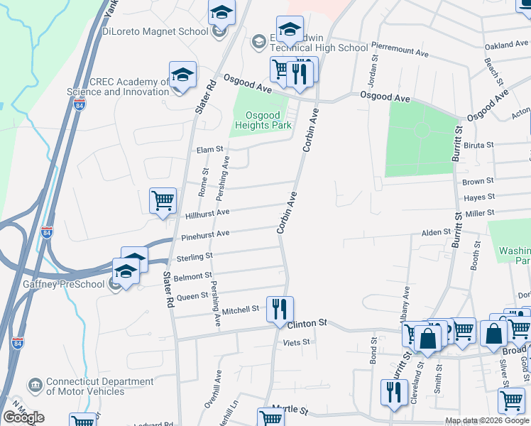 map of restaurants, bars, coffee shops, grocery stores, and more near 50 Hillhurst Avenue in New Britain