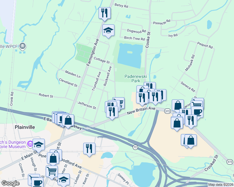 map of restaurants, bars, coffee shops, grocery stores, and more near 18 Grant Avenue in Plainville