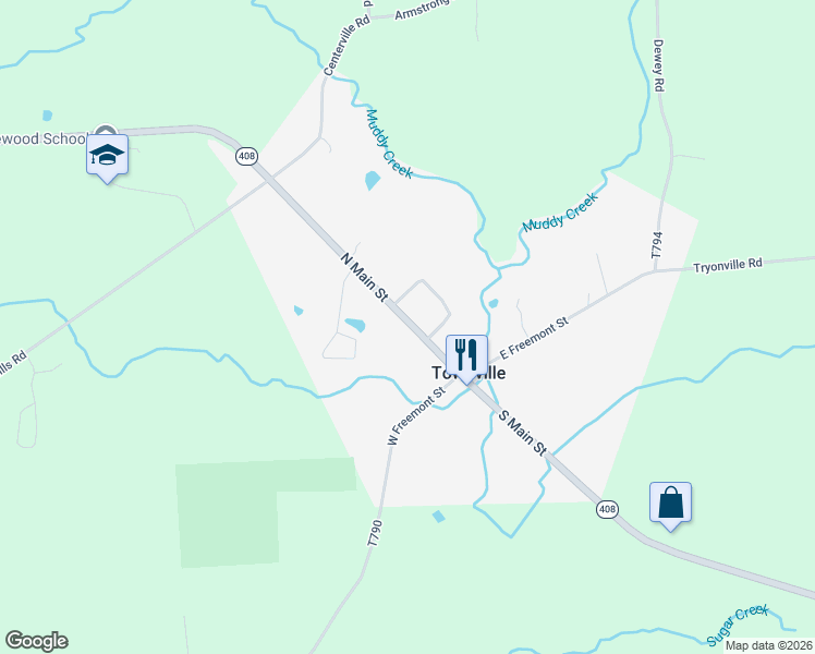 map of restaurants, bars, coffee shops, grocery stores, and more near Highway 408 in Townville