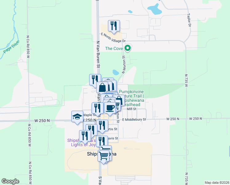 map of restaurants, bars, coffee shops, grocery stores, and more near 439-449 Morton St in Shipshewana