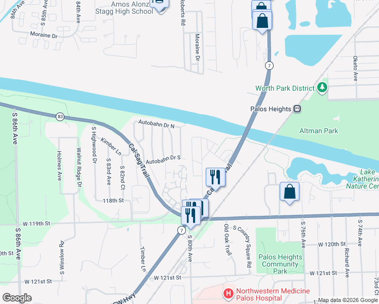 map of restaurants, bars, coffee shops, grocery stores, and more near 11752 Seagull Lane in Palos Heights