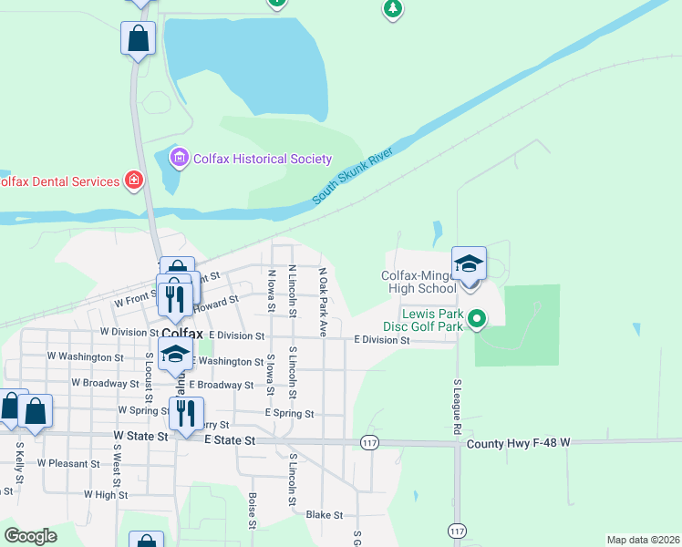 map of restaurants, bars, coffee shops, grocery stores, and more near 220 North Oak Park Avenue in Colfax