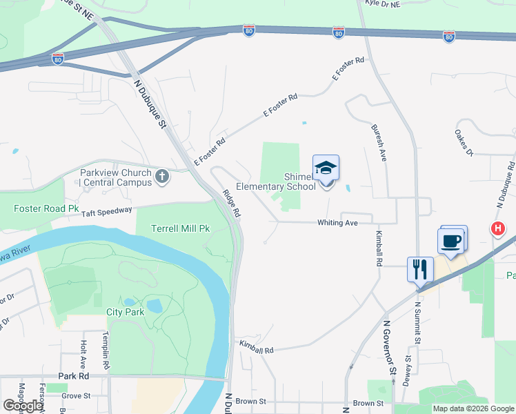 map of restaurants, bars, coffee shops, grocery stores, and more near 1685 Ridge Rd in Iowa City