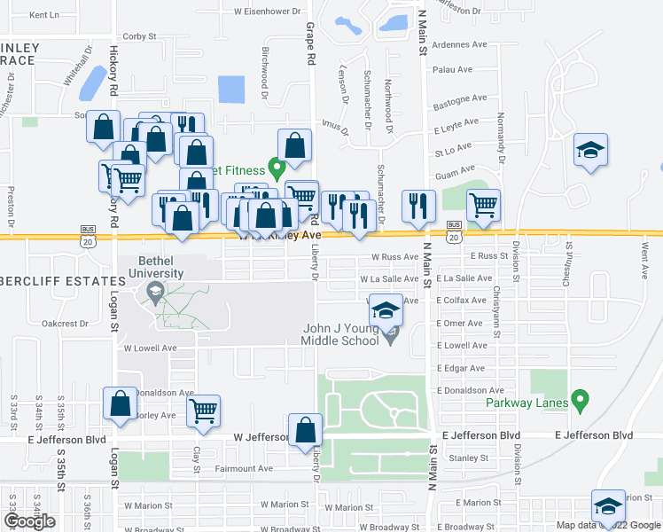 map of restaurants, bars, coffee shops, grocery stores, and more near 329 West Russ Street in Mishawaka