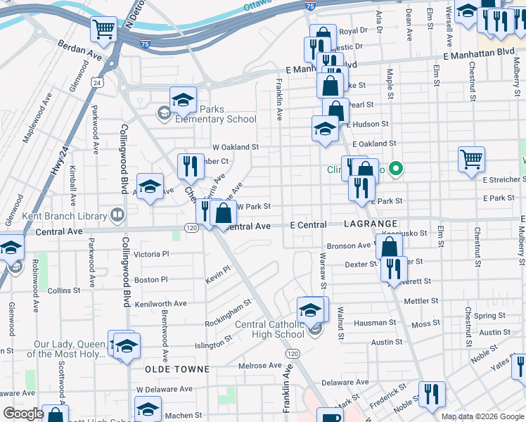 map of restaurants, bars, coffee shops, grocery stores, and more near 31 West Park Street in Toledo