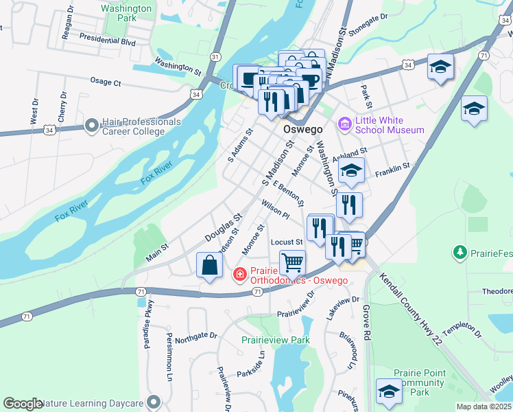 map of restaurants, bars, coffee shops, grocery stores, and more near 320 South Madison Street in Oswego