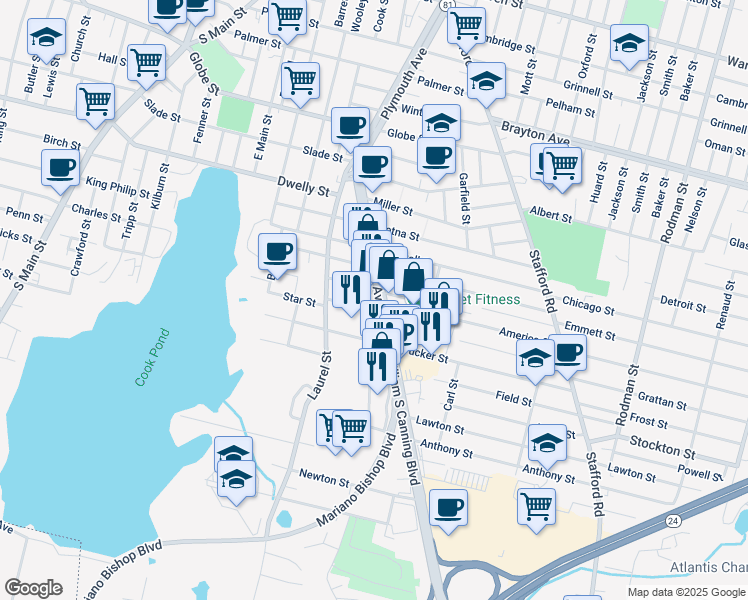 map of restaurants, bars, coffee shops, grocery stores, and more near 321 Rhode Island Ave in Fall River
