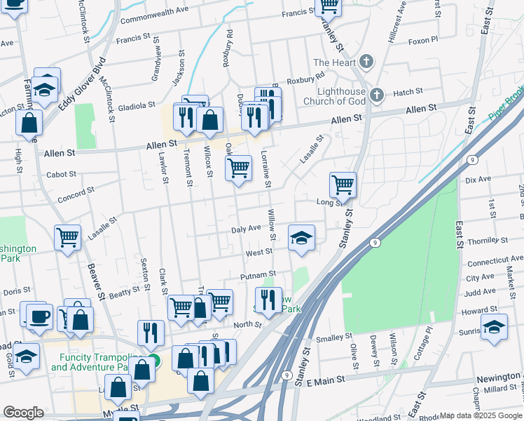 map of restaurants, bars, coffee shops, grocery stores, and more near 39 Acorn Street in New Britain