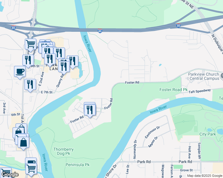 map of restaurants, bars, coffee shops, grocery stores, and more near in Iowa City