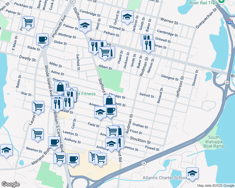 map of restaurants, bars, coffee shops, grocery stores, and more near 94 Chicago Street in Fall River