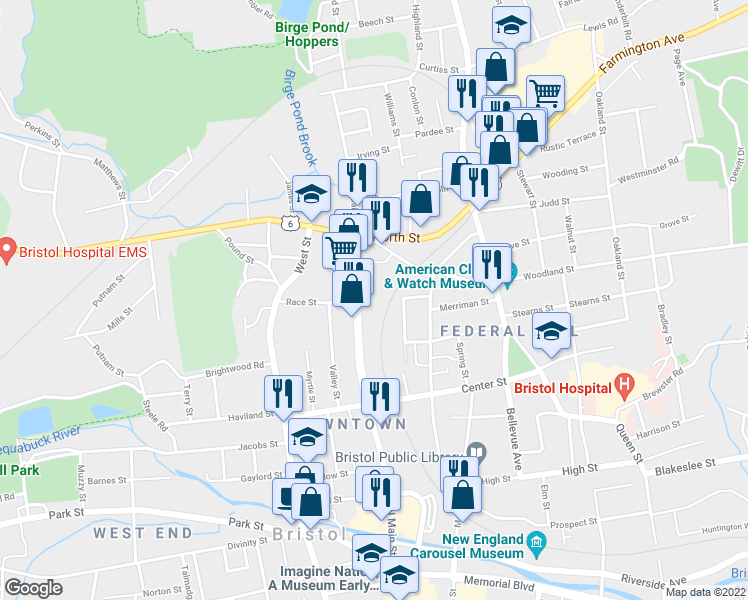 map of restaurants, bars, coffee shops, grocery stores, and more near 420 North Main Street in Bristol