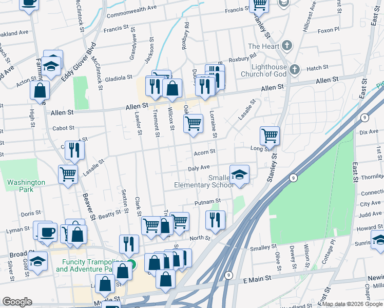 map of restaurants, bars, coffee shops, grocery stores, and more near 176 Oak Street in New Britain