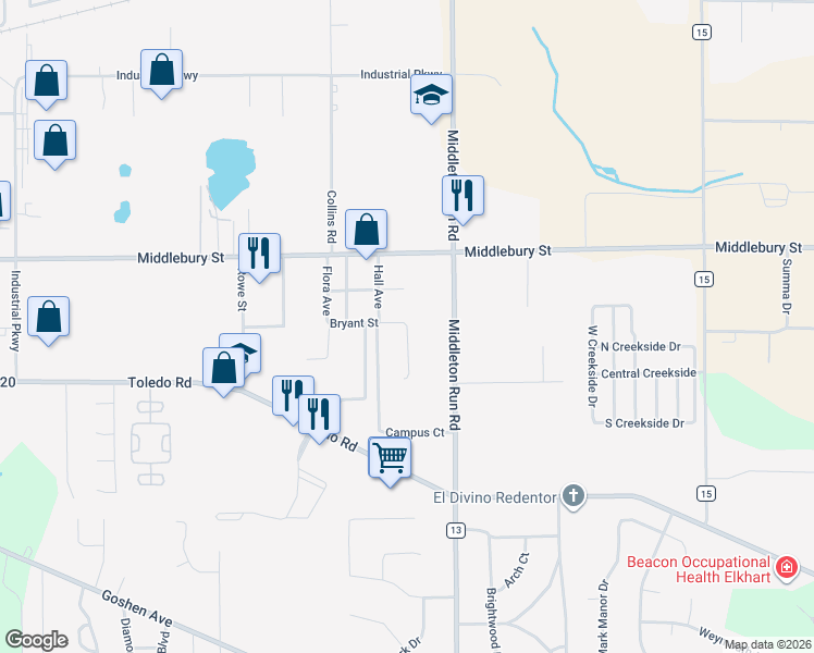 map of restaurants, bars, coffee shops, grocery stores, and more near 2701 Manor Road in Elkhart