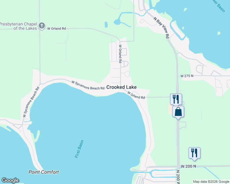 map of restaurants, bars, coffee shops, grocery stores, and more near 2445 West Sycamore Beach Road in Angola