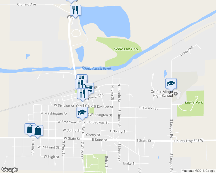 map of restaurants, bars, coffee shops, grocery stores, and more near 237 East Front Street in Colfax