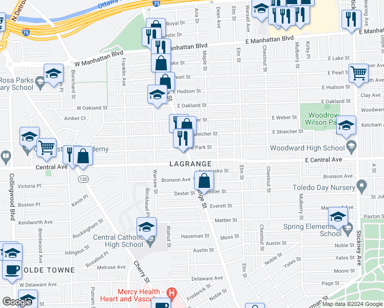 map of restaurants, bars, coffee shops, grocery stores, and more near 3114 Lagrange Street in Toledo