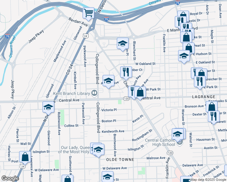 map of restaurants, bars, coffee shops, grocery stores, and more near 429 Cumberland Place in Toledo