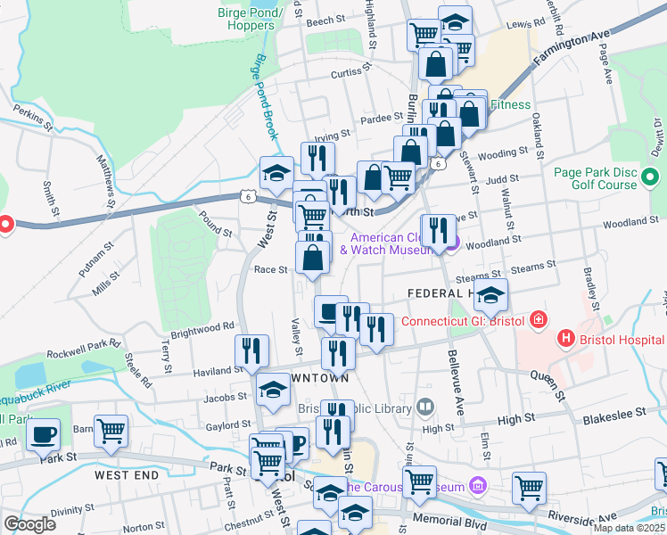 map of restaurants, bars, coffee shops, grocery stores, and more near 400 North Main Street in Bristol
