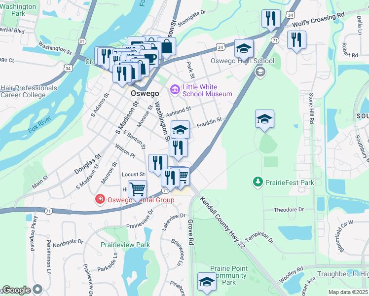 map of restaurants, bars, coffee shops, grocery stores, and more near 206 East Washington Street in Oswego