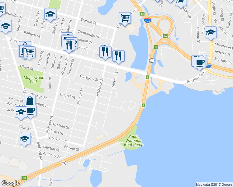 map of restaurants, bars, coffee shops, grocery stores, and more near 57 Abington Lane in Fall River