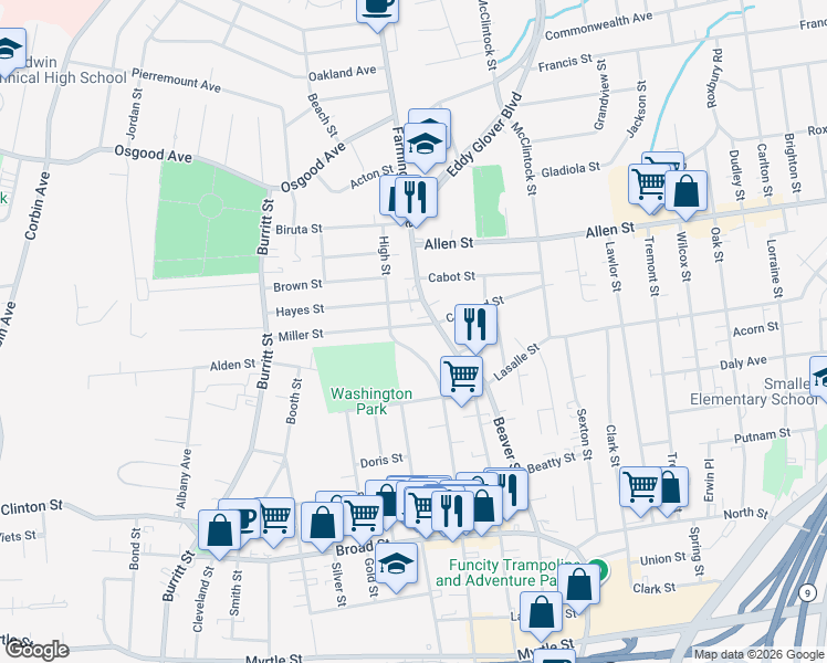 map of restaurants, bars, coffee shops, grocery stores, and more near 411 High Street in New Britain
