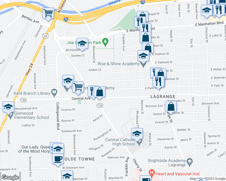 map of restaurants, bars, coffee shops, grocery stores, and more near 103 West Park Street in Toledo