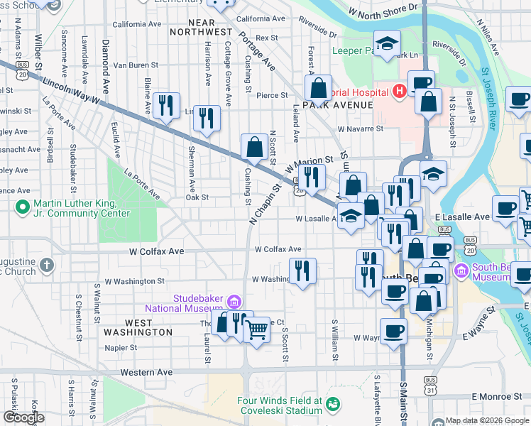 map of restaurants, bars, coffee shops, grocery stores, and more near 720 West La Salle Avenue in South Bend