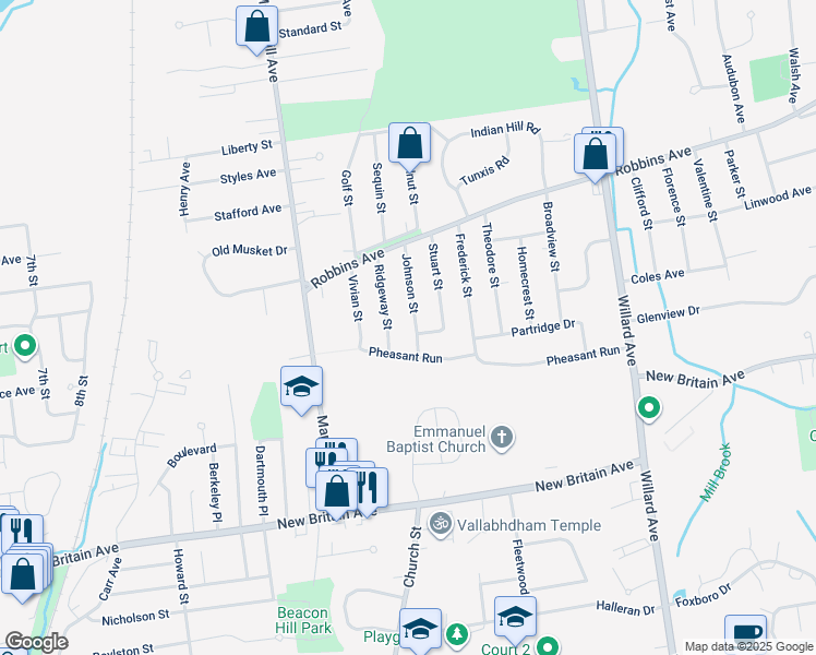 map of restaurants, bars, coffee shops, grocery stores, and more near 69 Johnson Street in Newington