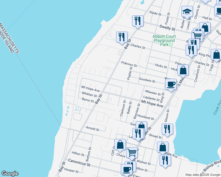 map of restaurants, bars, coffee shops, grocery stores, and more near 276 Mount Hope Avenue in Fall River