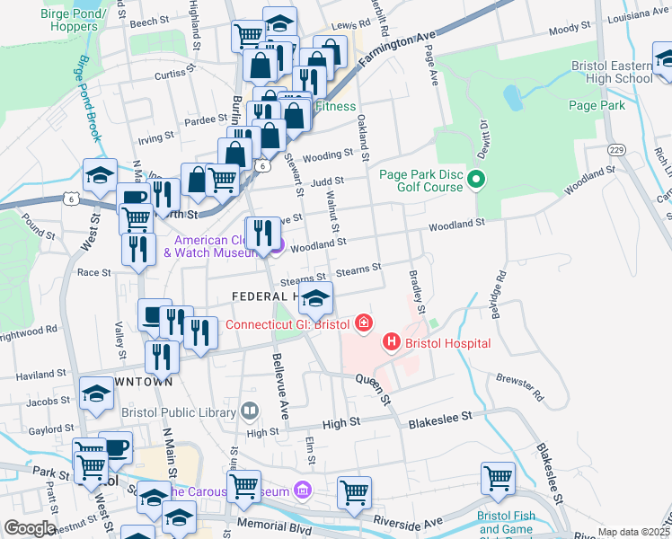 map of restaurants, bars, coffee shops, grocery stores, and more near 94 Stearns Street in Bristol