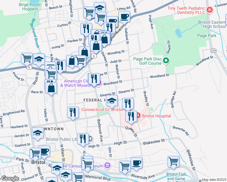 map of restaurants, bars, coffee shops, grocery stores, and more near 55 Stearns Street in Bristol