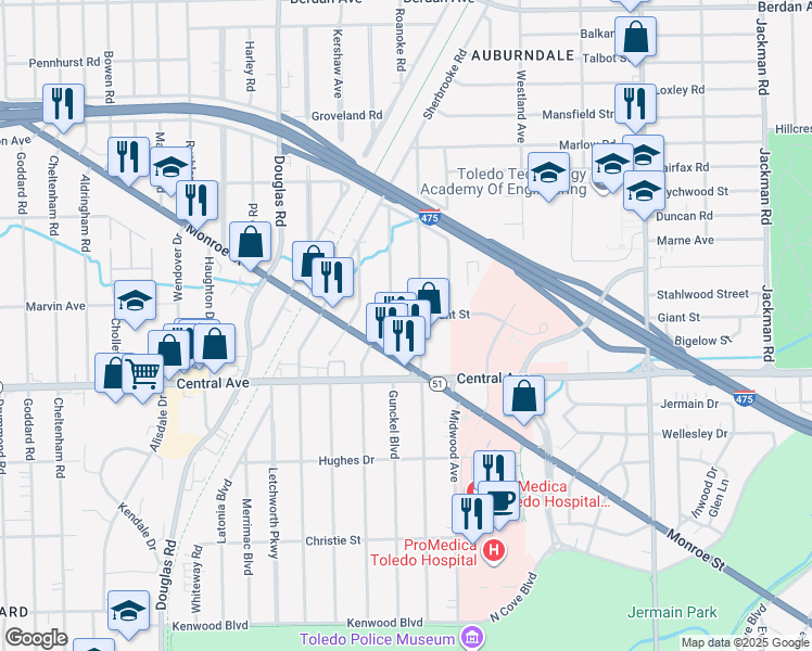 map of restaurants, bars, coffee shops, grocery stores, and more near 3141 Northwood Avenue in Toledo