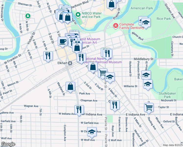 map of restaurants, bars, coffee shops, grocery stores, and more near 919 South Main Street in Elkhart