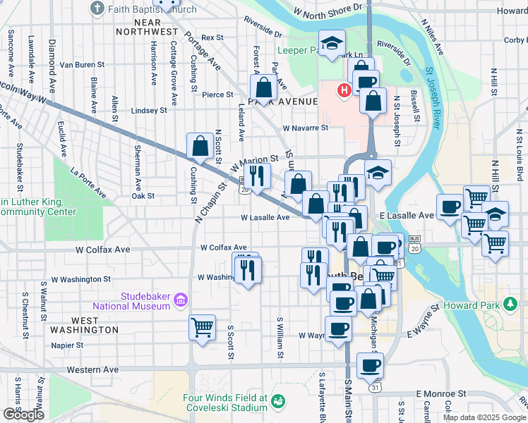 map of restaurants, bars, coffee shops, grocery stores, and more near 505 West La Salle Avenue in South Bend